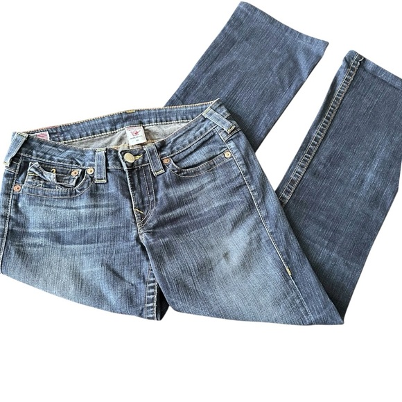 True Religion Boot Cut Denim Blue Jeans Dark Wash Natural Fading Y2K Womens 30 - Picture 7 of 15